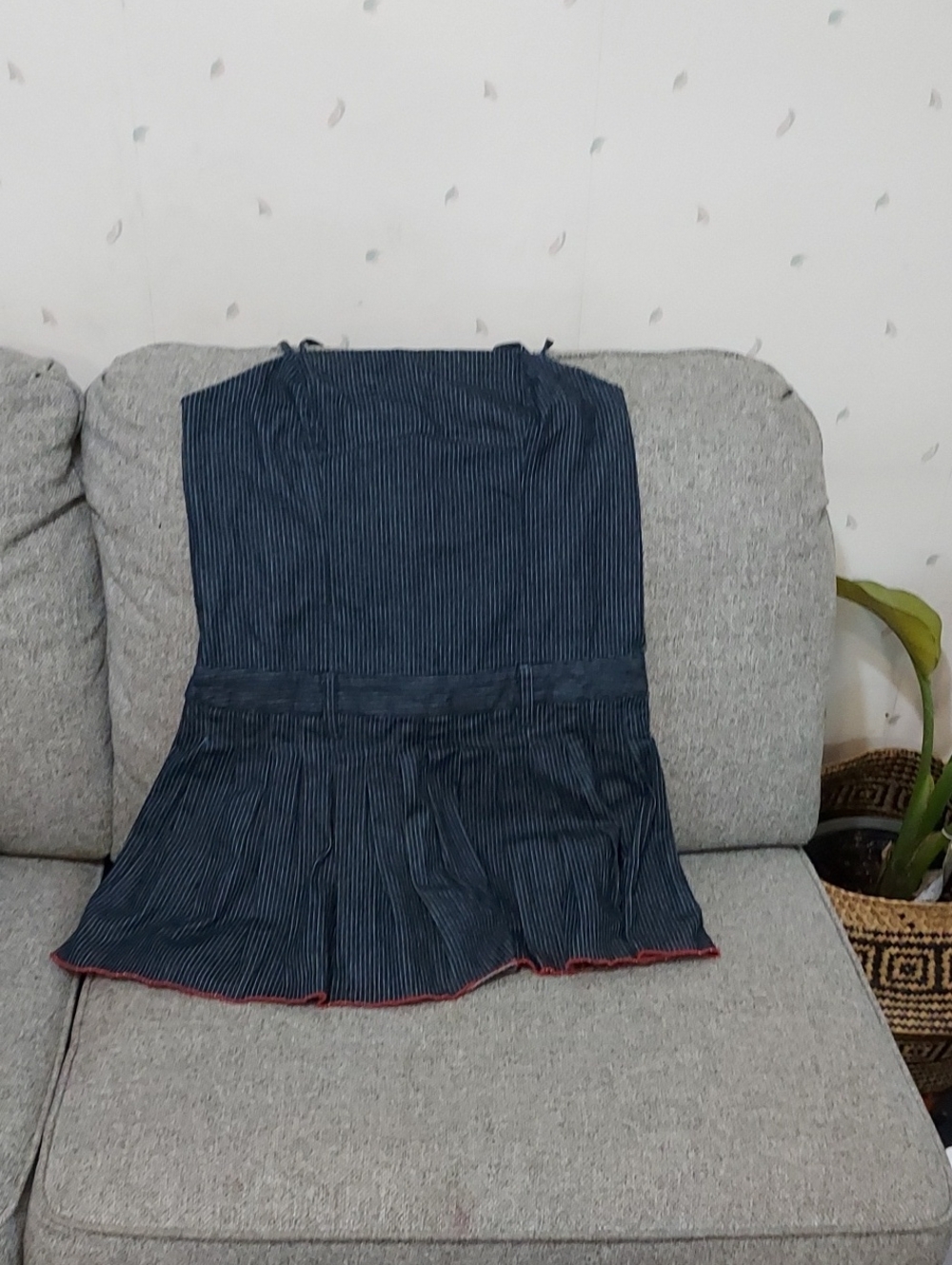Pilcro Navy Pinstripe Sleeveless Peplum Dress with Red Trim
